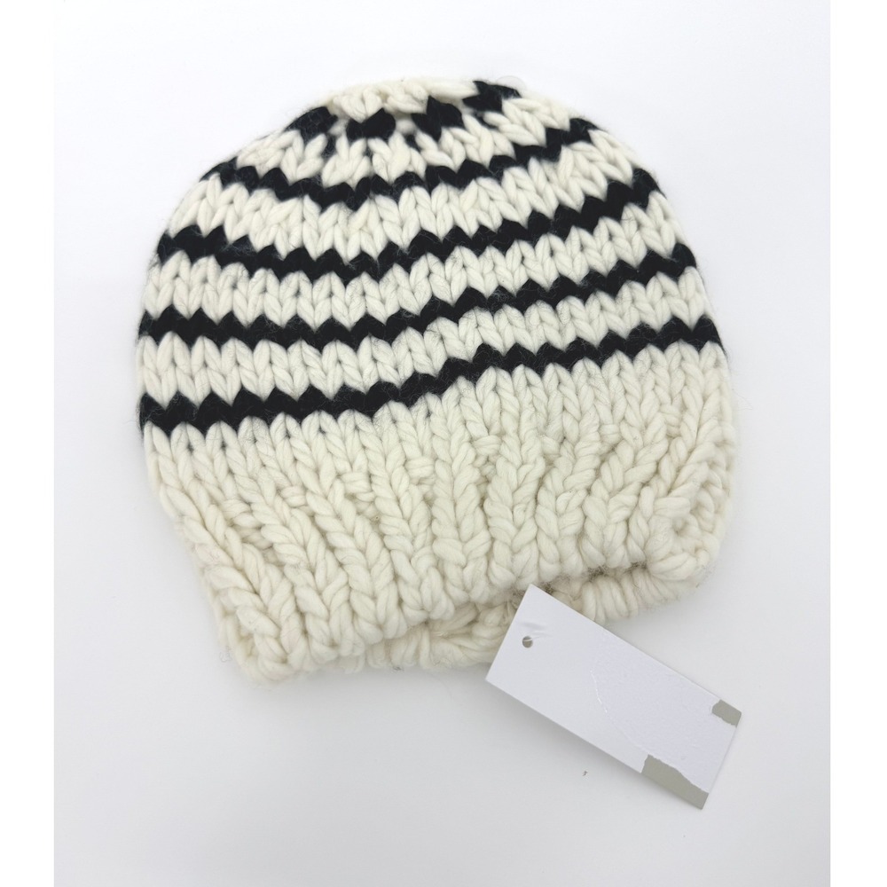 BP Nordstrom Chunky Knit‎ Beanie Ivory Black Striped Winter Hat One Size NEW